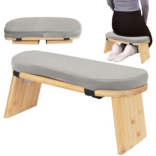 Foldable Meditation Stool with Cushion, Bamboo Yoga Bench with 5° Tilt, Ergonomic, Portable & Sturdy, Supports 397 lbs, Removable Velvet Cover, Seiza, Floor & Prayer Seat, Easy Clean (Grey) - color: Grey