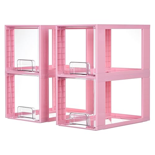 Vtopmart 4 Pack Large Stackable Storage Drawers,Pink,Easily Assemble Acrylic Bathroom Closet Undersink Organizers and Storage,Plastic Bins for Kitchen Cabinets,Pantry,Makeup,Medicine Organization - color: Pink( 4 Pack)