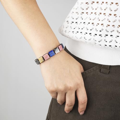 Square Natural Stone Unisex Adjustable Bracelet - Handmade with Natural Stons - Square Healing Crystal Bead Bracelet - color: Colorful