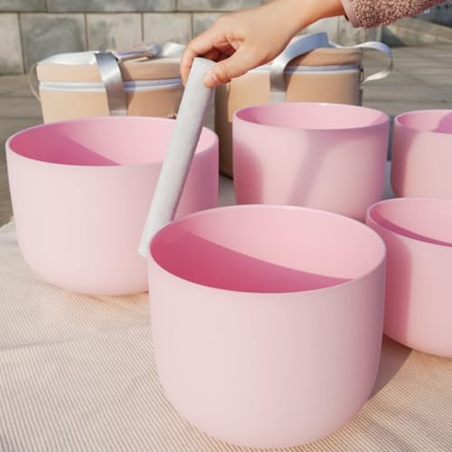 Hye-eun Pink Crystal Singing Bowls Set, 432hz Quartz Frosted Sound Bowl set of 7pcs with Carrying Case for Yoga Sound Healing Instruments - color: 432hz 7-12inch CDEFGAB Pink 7pcs