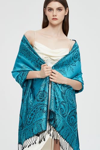 Pashmina Shawl Wrap with Ethnic Paisley Two Tone Jacquard Scarf for Women - color: Paisley-blue