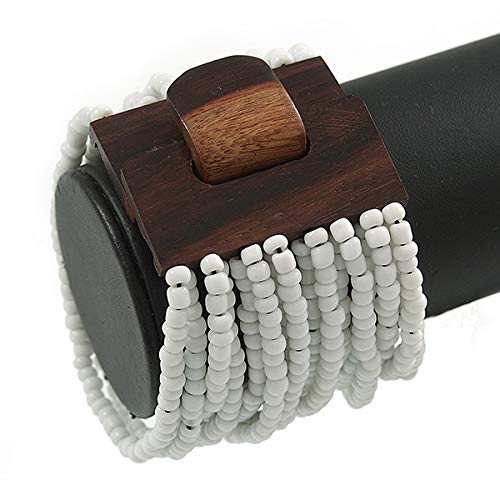 Avalaya White Glass Bead Multistrand Flex Bracelet With Wooden Closure - 19cm L