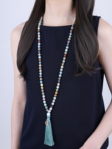 COAI OM Charm Hand Knotted Tassel 108 Mala Beads Necklace - color: Faceted Amazonite, size: 8mm