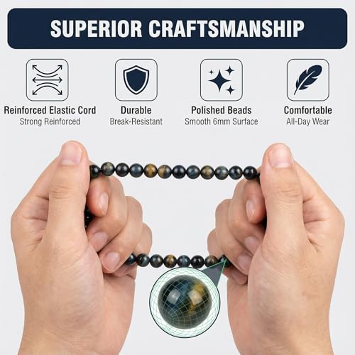 Tiger Eye Bracelet for Men and Women – Natural Crystal Healing Bracelet with Gift Box | Mens Beaded Bracelet for Protection, Courage, Confidence & Career Success