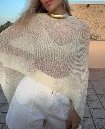 Women Sheer Poncho Top Knit Crochet Lightweight See Through Shawl Summer Shrug Beach Cover Up - color: A1 Light Yellow