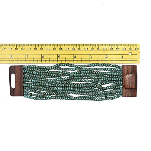 Rustic TURQUOISE Color Ethnic Beaded Bali Bracelet with Dense Hardwood Buckle Clasp 14 Elastic Strands 2mm Glass Beads in GIFT BOX