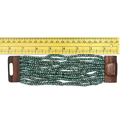 Rustic TURQUOISE Color Ethnic Beaded Bali Bracelet with Dense Hardwood Buckle Clasp 14 Elastic Strands 2mm Glass Beads in GIFT BOX