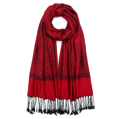 QIUTIMIY Paisley Pashmina Shawl Wrap Women Reversible Vintage Jacquard Pashmina Rave Scarf with Fringe for Evening, Wedding - color: Flower3-bright Red