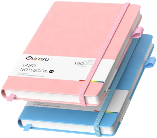 Oucaru Lined Journal Notebook, 2 Pack, 180 Pages, A5 Journals for Writing, 100 GSM Thick Paper, Small Notebooks Daily Journal for Women Men Work, Business, School, Travel Supplies - color: Pink & Light Blue, size: 2 Pack