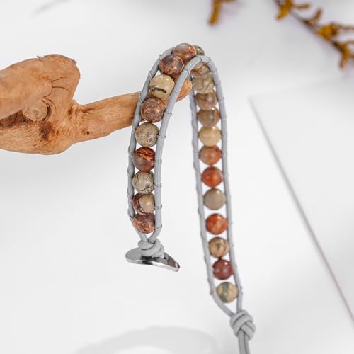 Plumiss Women Boho Handmade Natural Stone Crystal Leather Bead Wrap Bracelets Collection - style: 6mm Agalmatolite 1W