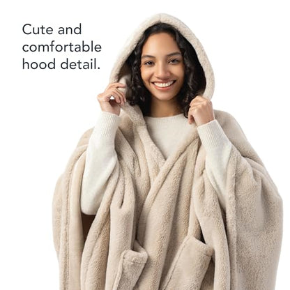 Berkshire Faux Fur Wearable Blanket, Cozy Reversible Loftmink Fleece Shawl with Hood & Side Pockets - color: Grain