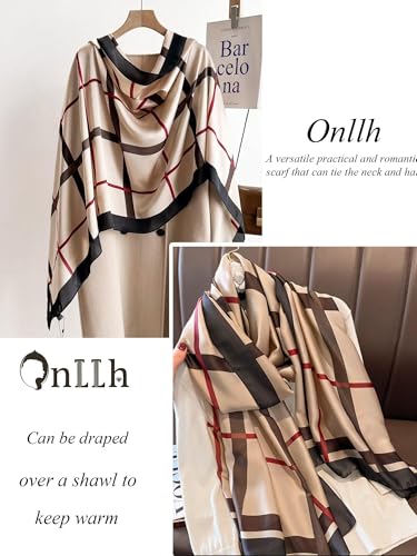Large Shawl Scarf For Women Lightweight Wraps Silky Headscarf Long Sunscreen Scarfs - color: T12 Light Brown Grid / 70"x 35"