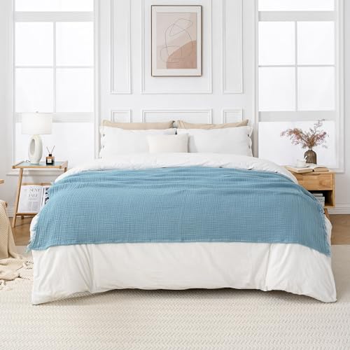 Esterra Muslin Throw Blanket 50x65 Inches Cozy Soft Lightweight Pre-Washed Cotton Blanket, All Season Breathable 4-Layer Gauze Blanket Throw for Sofa Couch Bed, Sky Blue - color: 09 - Sky Blue, size: Throw (50"x65")