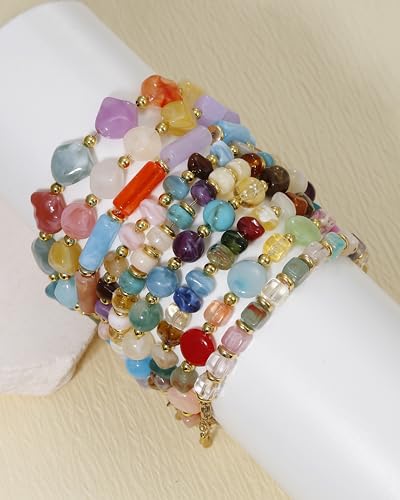 BOMAIL 9PCS Colorful Beaded Bracelets for Women Boho Multicolor Acrylic Resin Beads Bracelets Set Adjustable Statement Bracelet Summer Beaded Jewelry