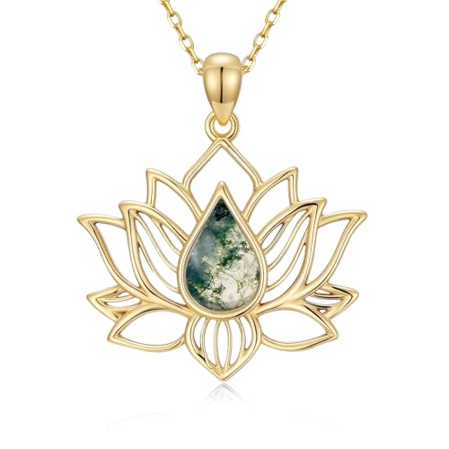 Lotus Necklaces for Women 925 Sterling Silver 7 Chakra/Yin Yang Pendant Necklace Spiritual Lotus Jewelry Birthday Yoga Gifts - style: Gold Moss Agate-Lotus