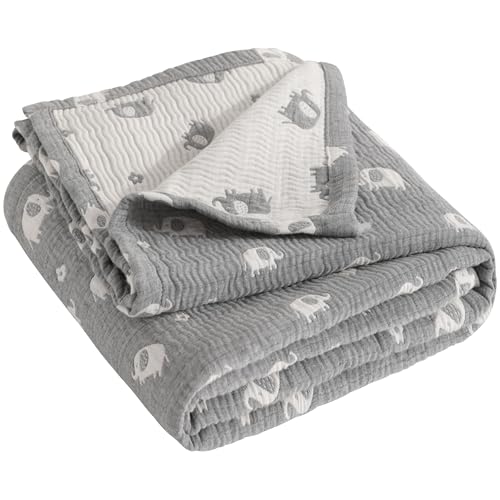 NTBAY 3 Layer Oversized Muslin Cotton Toddler Blanket, Jacquard Reversible Nursery Bed Blanket, Super Soft and Thermal for All Seasons, Baby Gift, 45"x60", Dark Grey Elephant - color: Dark Grey Elephant, size: 45x60 Inch (Pack of 1)
