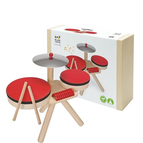 PlanToys® Musical Band Wooden Montessori Drum, Cymbal and Guiro Set | Early Sensory Exploration, Coordination and Creative Expression | Eco Friendly Music Toy for Meaningful Play - color: Musical Band Toddler Drum Set