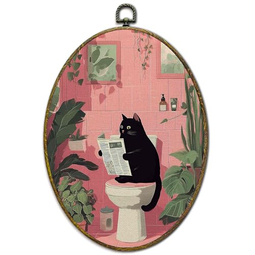 XFCICRLJ Funny Black Cat Bathroom Wall Art Decor, Retro Black Cat Oval Canvas Prints Framed, Whimsical Kitten Reading Newspaper on Toilet Wall Art Decorations for Washroom Restroom Decor, 11x8.5 Inch - color: Toilet Cat