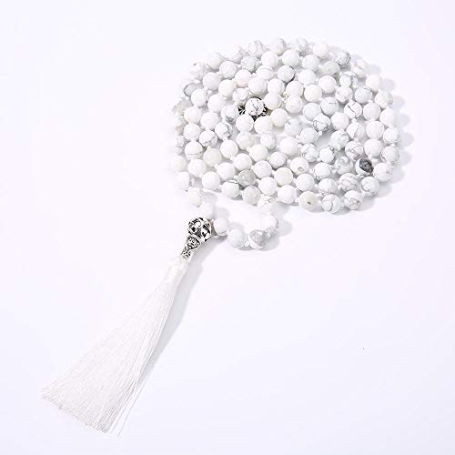 108 Mala Beads Necklace Semi-Precious Gem Stones Meditation Necklace 108 Hand Knotted Japa Mala Beaded Tassel Necklace with Tree of Life Pendant - color: Natural White Howlite