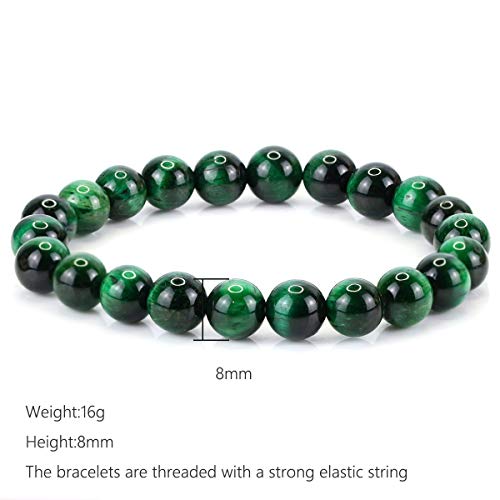 Natural Gemstones Bracelet 8mm Chakra Round Beads Energy Power Crystal Reiki Healing Elastic Stretch 7 Inch for Women Men Unisex - color: Green Tiger Eye