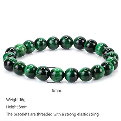 Natural Gemstones Bracelet 8mm Chakra Round Beads Energy Power Crystal Reiki Healing Elastic Stretch 7 Inch for Women Men Unisex - color: Green Tiger Eye
