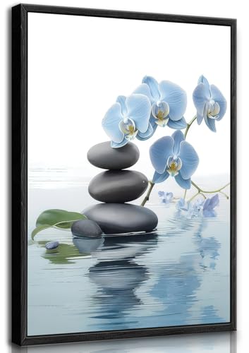 Framed Zen Canvas Wall Art Spa Stone and Elegant Blue Orchid Flower Spiritual Painting Pictures Wall Decor Poster Print Artwork for Bathroom Office Yoga Room Spa Room Meditation Room Decoration - size: 10"L x 8"W