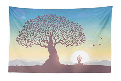Lunarable Meditation Tapestry, Silhouette Woman Sitting in Lotus Pose and Welcoming the Sun Under a Huge Tree, Fabric Wall Hanging Decor for Bedroom Living Room Dorm, 45" X 30", Multicolor - size: 45" X 30"