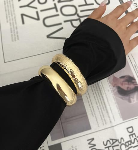 Chunky Gold Bangle Bracelets for Women, Dainty 14k Gold Plated Big Stackable Bangles Set, Trendy Statement Cuff Bracelet Stack Fashion Jewelry Gifts - style: 2 Chunky bangles