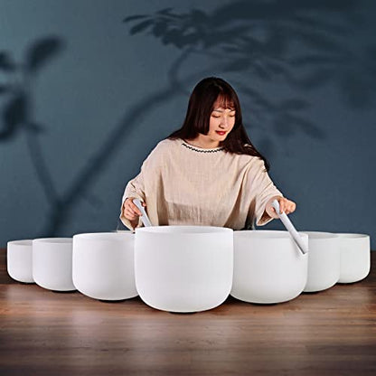 432HZ 8-14 Inch Set of 7 Pcs Frosted Chakra Quartz Crystal Singing Bowl Set for Sound Healing with Heavy Duty Carrying Cases