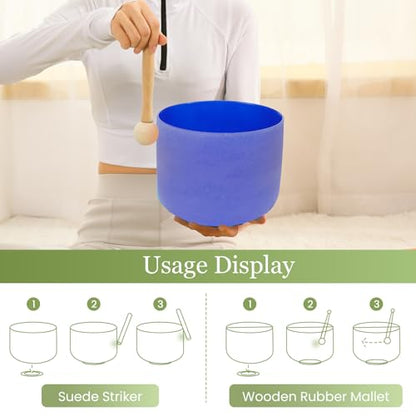 432HZ 8 Inchs A Note Indigo Frosted Crystal Singing Bowl for Meditation Healing Yoga Chakra Quartz Crystal Sound Bowls with Heavy Duty Carry Case and Rubber Mallet,Suede Striker,O-rings