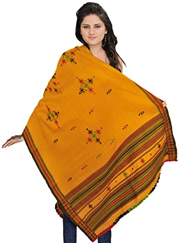 Exotic India Shawl from Kutch with Embroidered Bootis and Mirrors - Wool - color: Spruce Yellow