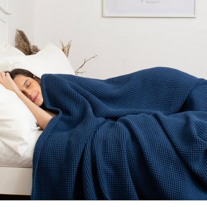 Waffle Blanket Queen Size Bed, 100% Cotton Soft Lightweight Breathable Summer Blanket, Waffle Weave Queen Size Bed Blanket: Blue (90"x90") - color: Blue, size: Queen (90" x 90")