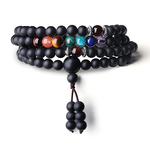 COAI 108 Japa Mala 7 Chakra Stone Wrap Bracelet Necklace - style: Matte Onyx