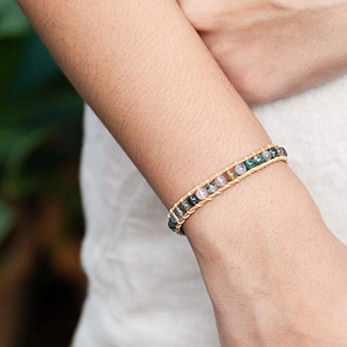 Infinityee888 Leather Bracelet Light Brown Wrap Beads Natural Stone Adjustable for Men Women Teen Yoga Handmade Bohemian Gypsy Boho - color: Purple