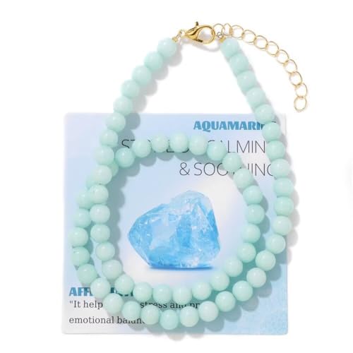 Healing Crystal Necklace for Women Men Colorful 6mm Natural Stone Beaded Choker Gemstone Necklaces with Card Handmade Reiki Spiritual Jewelry Gift - color: Aquamarine