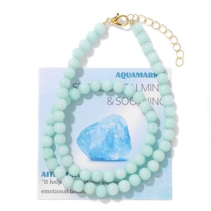 Healing Crystal Necklace for Women Men Colorful 6mm Natural Stone Beaded Choker Gemstone Necklaces with Card Handmade Reiki Spiritual Jewelry Gift - color: Aquamarine