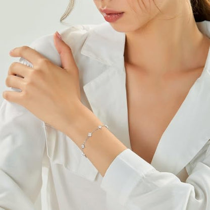 Dainty Moissanite Clover Bracelet for Women, D Color VVS1, Cute Stackable Adjustable 14K Gold/White Gold Plated Bracelet, Non Tarnish Trendy Waterproof Jewelry, Friendship Love Gift for Her