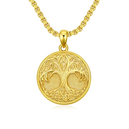 Tree of Life Necklace 925 Sterling Silver Round Tree of Life Pendant Jewelry for Men Women, w/Stainless Steel Chain 22''+2'' - style: A03-Gold