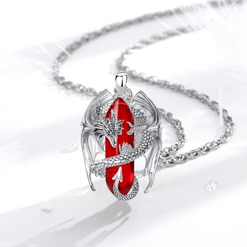 INFUSEU Unique Dragon Necklaces with Healing Crystal Stone for Men Women, Personalized Spiritual Gifts, 24 Inch Chain - color: Red