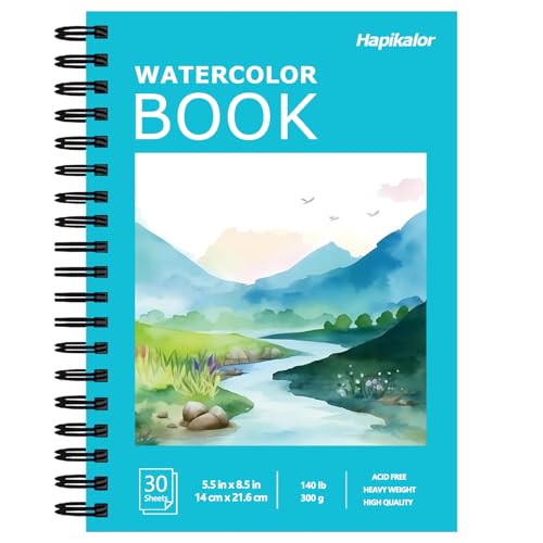 Hapikalor 5.5"x8.5"Watercolor Small Sketchbook for Kids, 30 Sheets (60 Pages) Spiral Bound, Water Color Paper, 140lb/300gsm Watercolor Paper, Watercolor Notebook, Watercolor Journal, Sketch Pad, Teal - color: Teal, size: 5.5"x8.5" Spiral Bound
