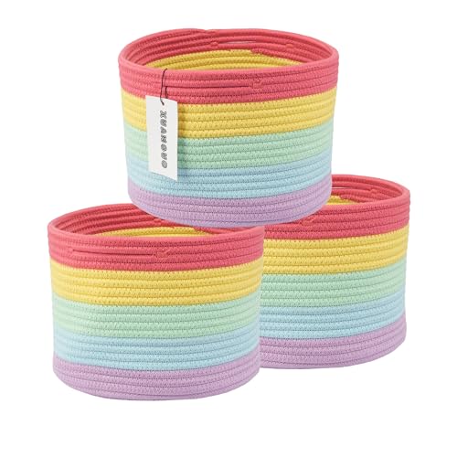 XUANGUO Woven Cotton Rope Storage Baskets - 3-Pack Round Bins for (10x10x7'') Shelves, Closets & Bookcases | Durable Rope Organizers for Nursery, Baby, Gifts, Easter & More (rainbow) - color: rainbow