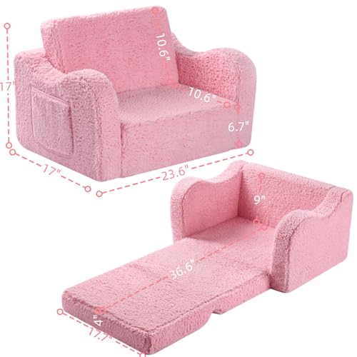 MOMCAYWEX Kids Sofa, 2-in-1 Flip-Out Foam Couch with Soft Sherpa Cover, Cozy Play Lounge Chair, Pink - color: Pink, size: Medium
