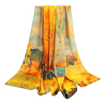 100% Silk Scarf 43" Large Square Lightweight Headscarf& Shawl–Women Hair Wraps-With Gift Packed - color: Oil Painting-blue&gold