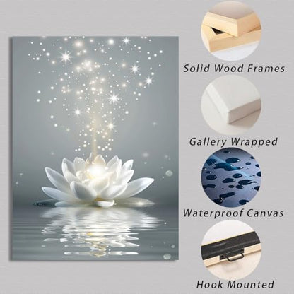 Ypxzzj Framed White Lotus Flower Wall Art for Living Room, Zen Canvas Wall Art for Yoga Bedroom,Meditation Spiritual Wall Decor Print for Bathroom Study Room Ready to Hang(16''x24'') - size: 24"L x 16"W