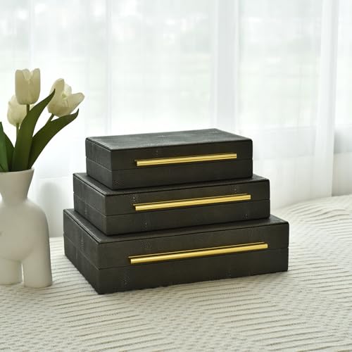 Faux Shagreen Decorative Storage Boxes – Set of 3 Stackable Jewelry Organizers with Gold Metal Handles & Velvet Lining, Modern Grey Box for Vanity, Entryway & Coffee Table Décor