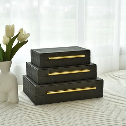 Faux Shagreen Decorative Storage Boxes – Set of 3 Stackable Jewelry Organizers with Gold Metal Handles & Velvet Lining, Modern Grey Box for Vanity, Entryway & Coffee Table Décor