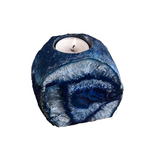 AMOYSTONE Medium Blue Agate Candle Stand 1.5-2lb, Spiritual Meditation Altar Stone for Yoga Studio Decor - color: Blue, size: 1.5-2 Pounds