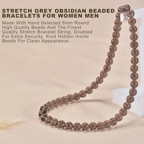14in Agate Wrap Bracelet for Women Men Natural Round Beaded Agates Stone Healing Stretch Bracelets Elastic Handmade Polished Gemstone Beads Bracelet - color: Grey Obsidian, size: 8mm Beads