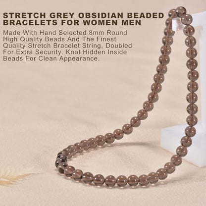14in Agate Wrap Bracelet for Women Men Natural Round Beaded Agates Stone Healing Stretch Bracelets Elastic Handmade Polished Gemstone Beads Bracelet - color: Grey Obsidian, size: 8mm Beads