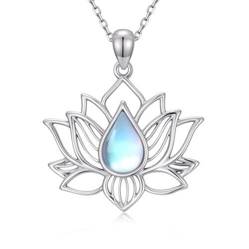 Lotus Necklaces for Women 925 Sterling Silver 7 Chakra/Yin Yang Pendant Necklace Spiritual Lotus Jewelry Birthday Yoga Gifts - style: Moonstone-Lotus
